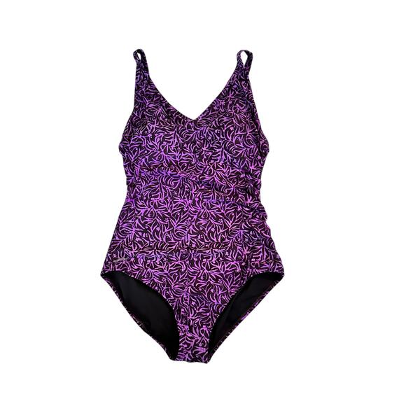 Speedo Purple and Black Floral Vine Printed One Piece Swimsuit Size 14 - Picture 1 of 7